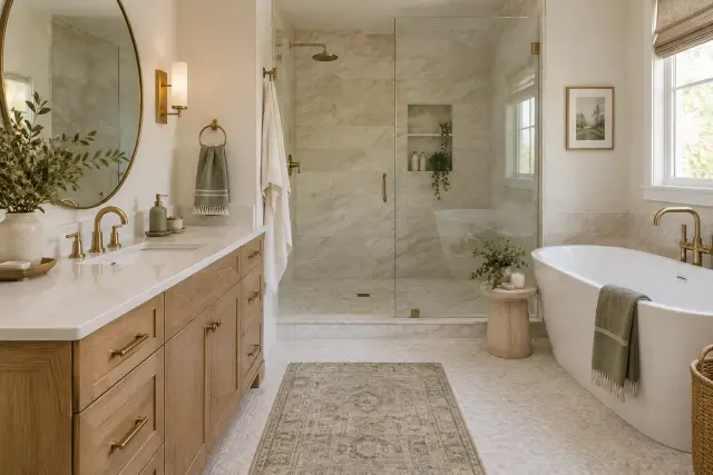 Remodeled bathroom with an oak vanity, glass shower, and modern bathtub