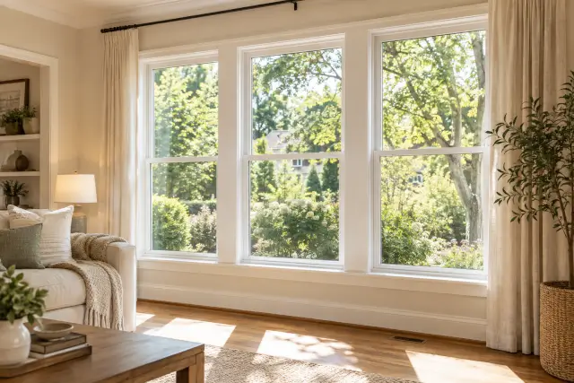 Bright living room with large white framed replacement windows